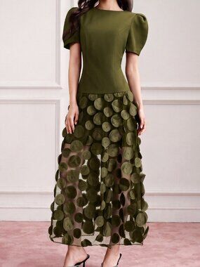 Dark Green Elegant Women's Round Neck Puff Sleeve Cinched Waist Long Dress